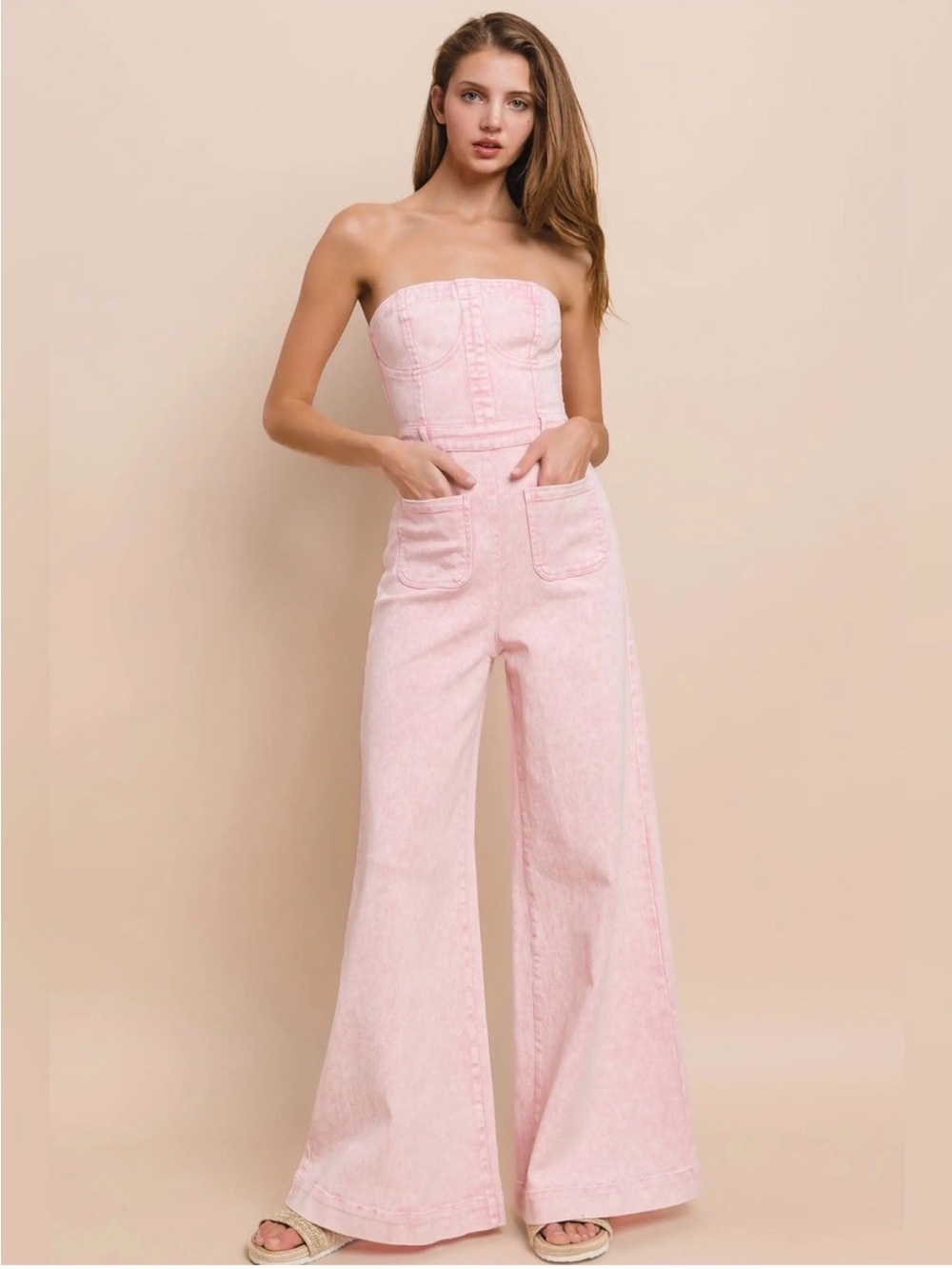 Wisteria Lane strapless acid wash pink ultra wide leg jumpsuit coastal cowgirl
